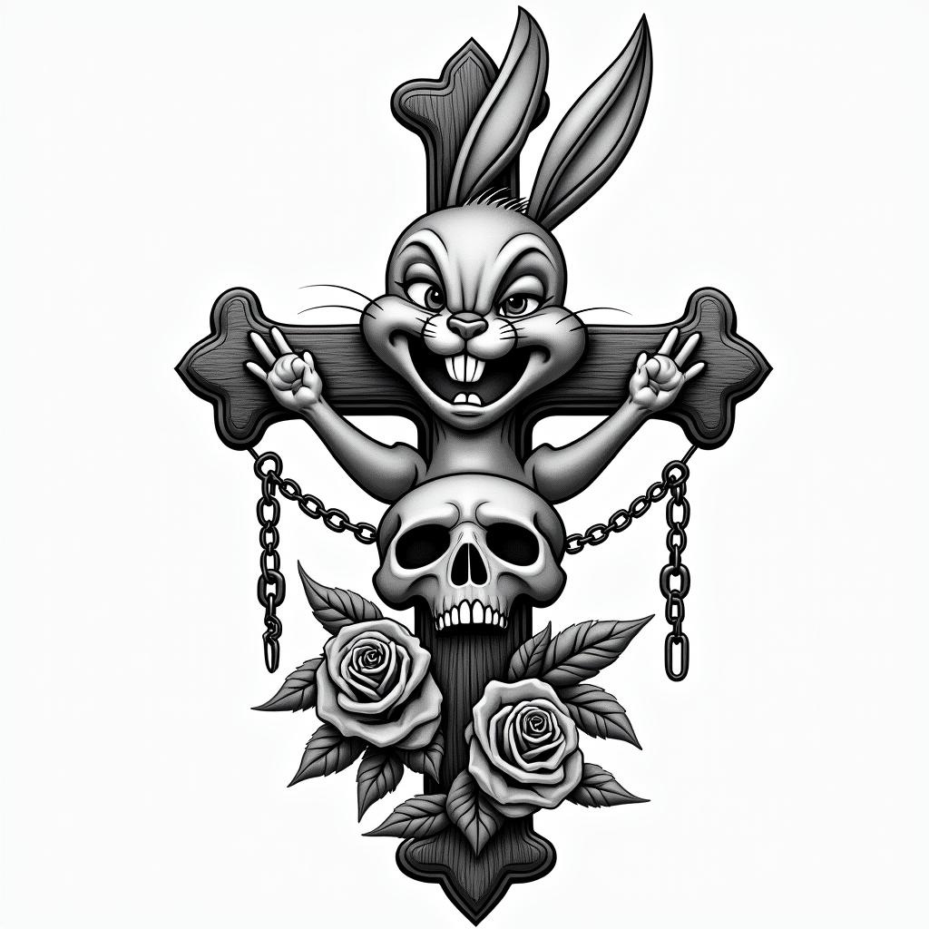 Bugs Bunnyin chicano style tattoo, featuring intricate black and grey shading, bold elements of traditional chicano culture symbols, add a big cross with skull, chains and roses - Variation 8