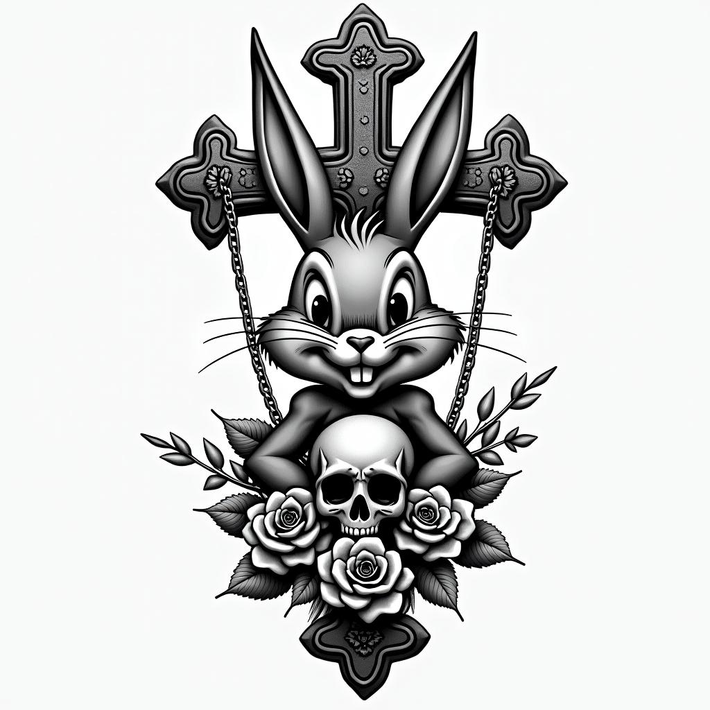 Bugs Bunnyin chicano style tattoo, featuring intricate black and grey shading, bold elements of traditional chicano culture symbols, add a big cross with skull, chains and roses - Variation 7