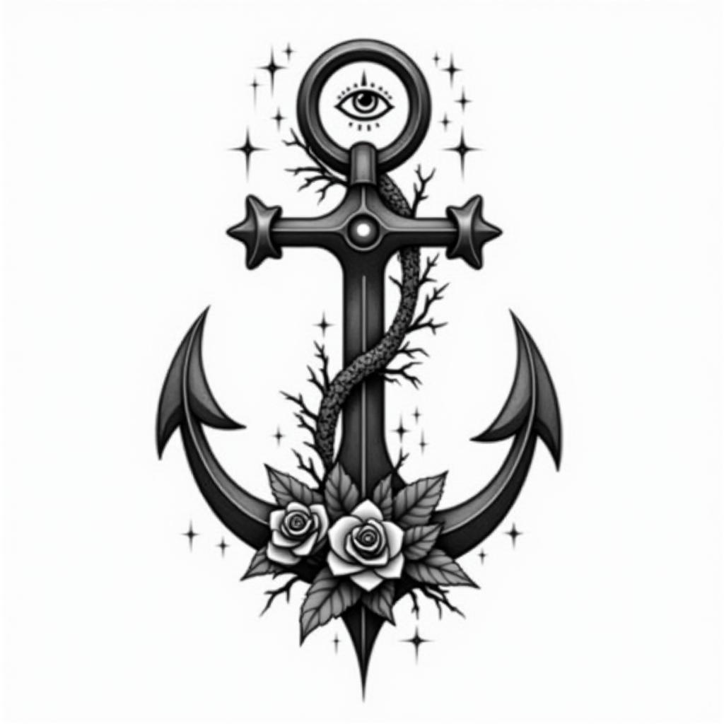 Anchor entwined with roses and thornsin prophecy tattoo style, featuring mystical symbols, celestial imagery like stars, moons, suns, geometric patterns, foretelling elements, an eye of wisdom