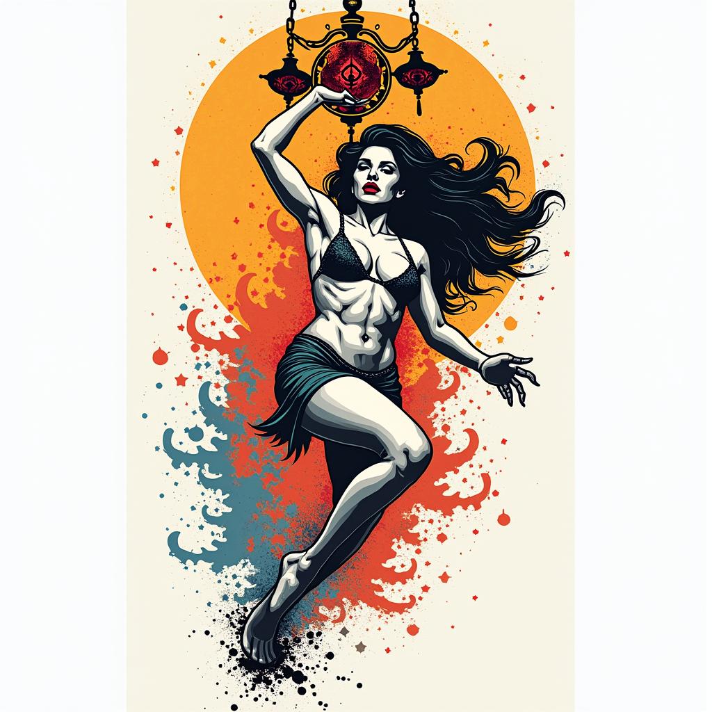 Pop art strength feminine moving on chandelierin pop art style tattoo, featuring bold and vibrant colors, exaggerated outlines, iconic imagery, inspired by comic books and speech bubbles, comic book characters, retro pop culture - Variation 3