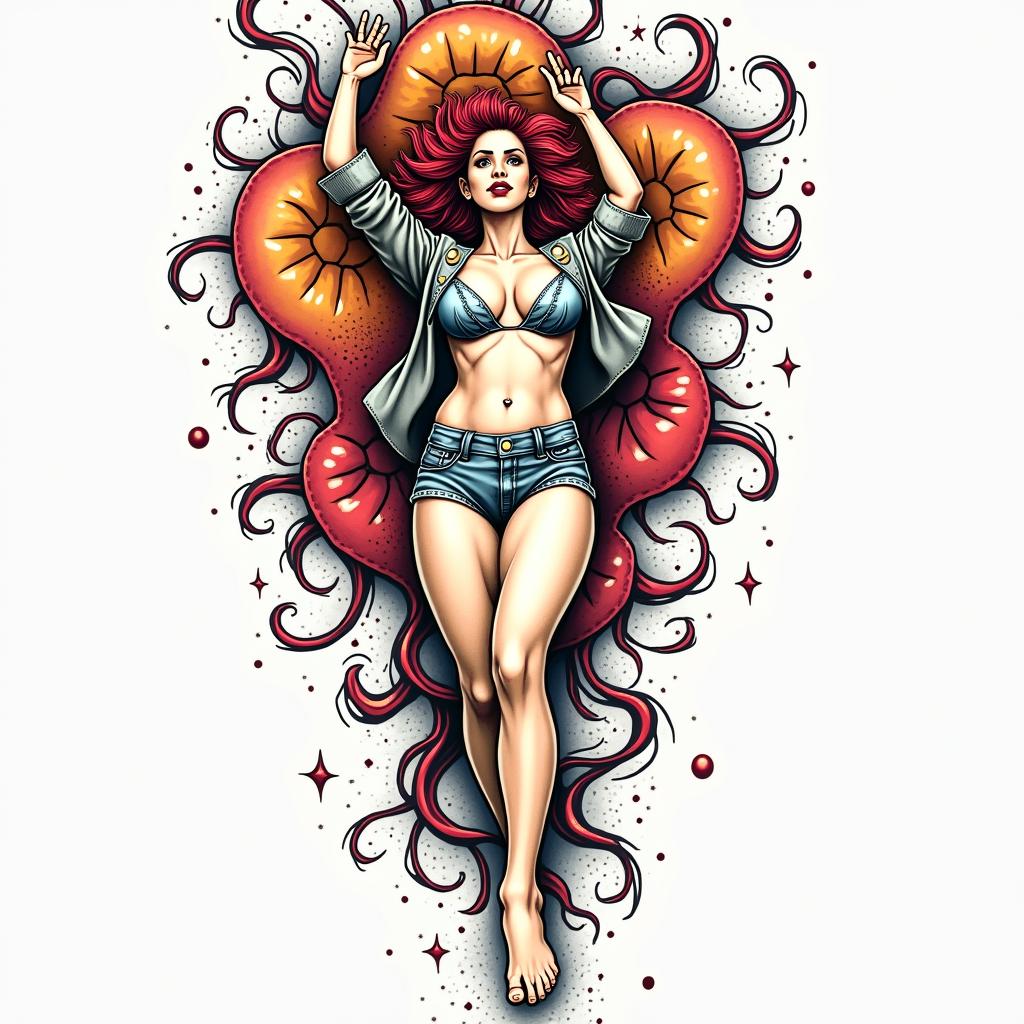 Pop art strength feminine moving on chandelierin pop art style tattoo, featuring bold and vibrant colors, exaggerated outlines, iconic imagery, inspired by comic books and speech bubbles, comic book characters, retro pop culture