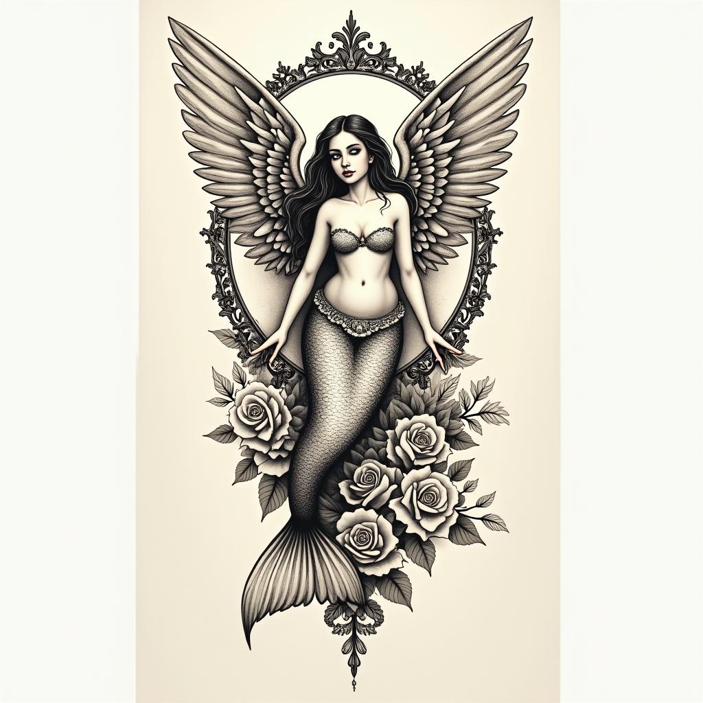 Mermaid angelin victorian style tattoo, featuring vintage and elegant elements, ornate frames, roses, antique, sepia-toned color scheme - Variation 2