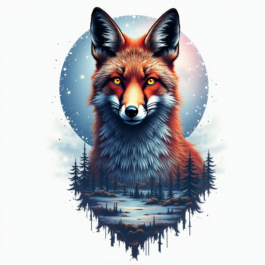 A fox in a snowy landscape under the full moon. In its eyes, there are the constellations of Capricorn and Sagittarius.in distorted and fragmented tattoo design, featuring a classical statue bust, in a glitch art style with vibrant, overlapping colors of cyan, magenta, and yellow, creating a digital distortion effect - Variation 2