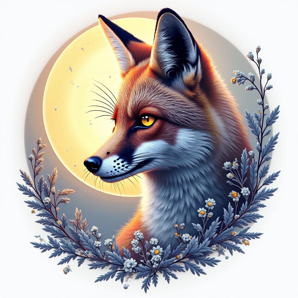 A fox in a snowy landscape under the full moon. In its eyes, there are the constellations of Capricorn and Sagittarius.in distorted and fragmented tattoo design, featuring a classical statue bust, in a glitch art style with vibrant, overlapping colors of cyan, magenta, and yellow, creating a digital distortion effect - Variation 4