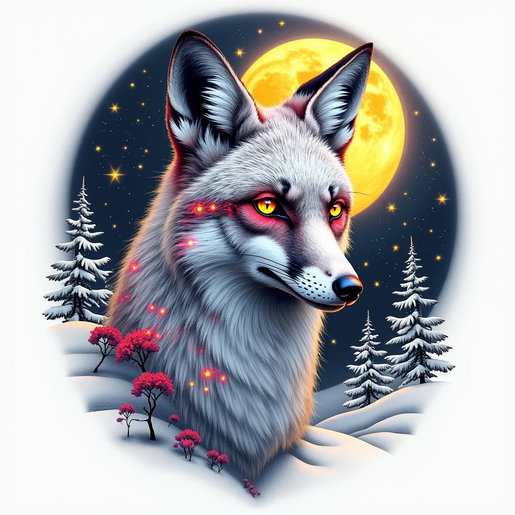 A fox in a snowy landscape under the full moon. In its eyes, there are the constellations of Capricorn and Sagittarius.in distorted and fragmented tattoo design, featuring a classical statue bust, in a glitch art style with vibrant, overlapping colors of cyan, magenta, and yellow, creating a digital distortion effect - Variation 3