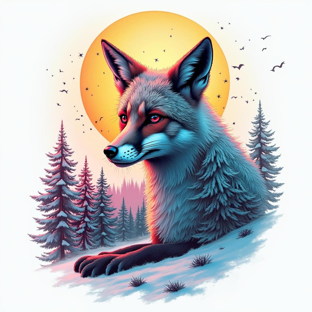 A fox in a snowy landscape under the full moon. In its eyes, there are the constellations of Capricorn and Sagittarius.in distorted and fragmented tattoo design, featuring a classical statue bust, in a glitch art style with vibrant, overlapping colors of cyan, magenta, and yellow, creating a digital distortion effect