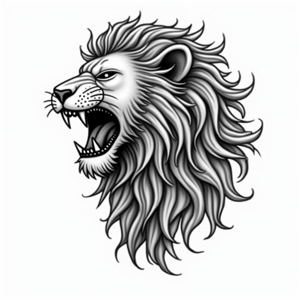 Roaring lion with a flowing manetext-based tattoo, japanese font ultra-realistic, perfectly placed, high-quality font design, photo-realistic shading, 8k, high quality, finely detailed typograph