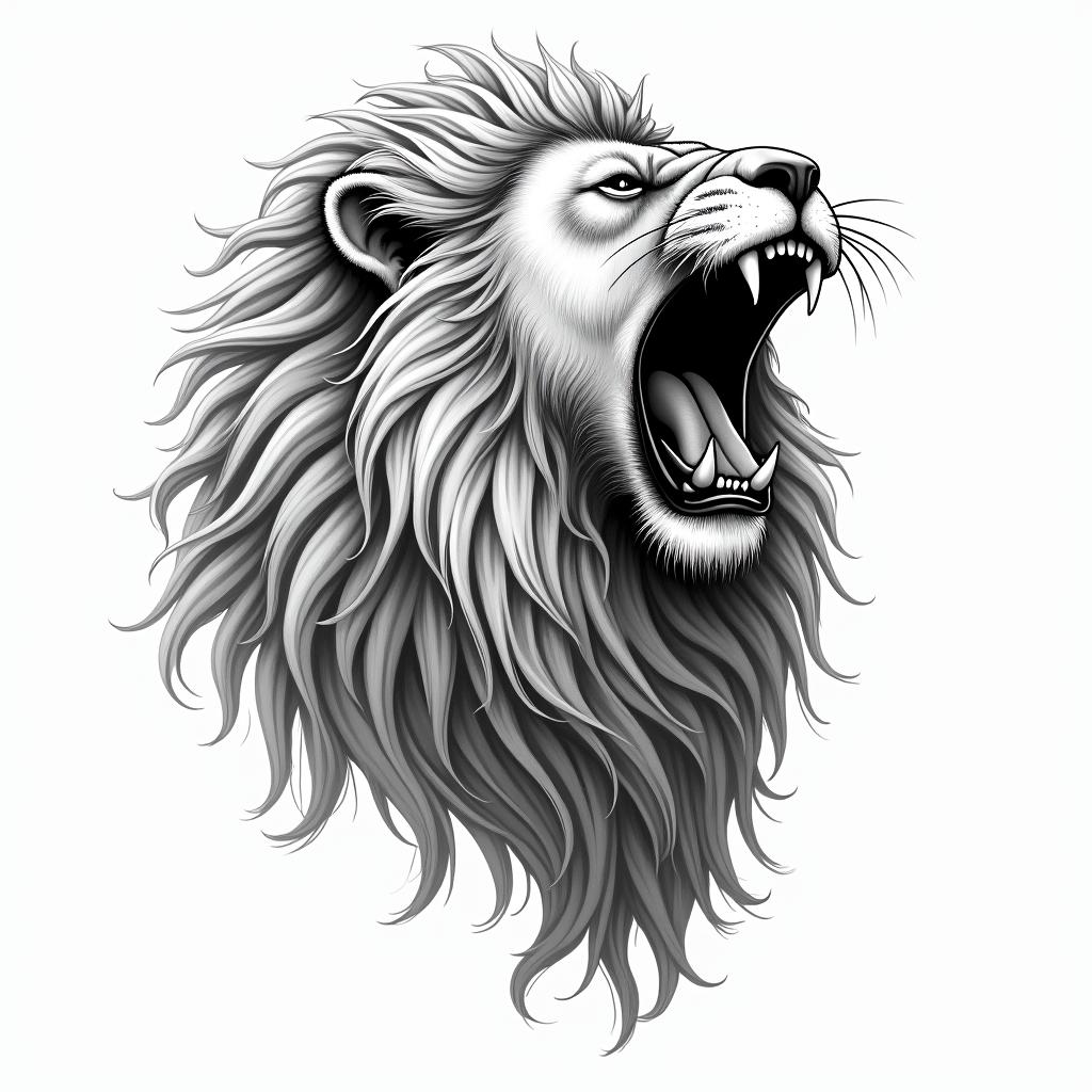 Roaring lion with a flowing manetext-based tattoo, japanese font ultra-realistic, perfectly placed, high-quality font design, photo-realistic shading, 8k, high quality, finely detailed typograph - Variation 2