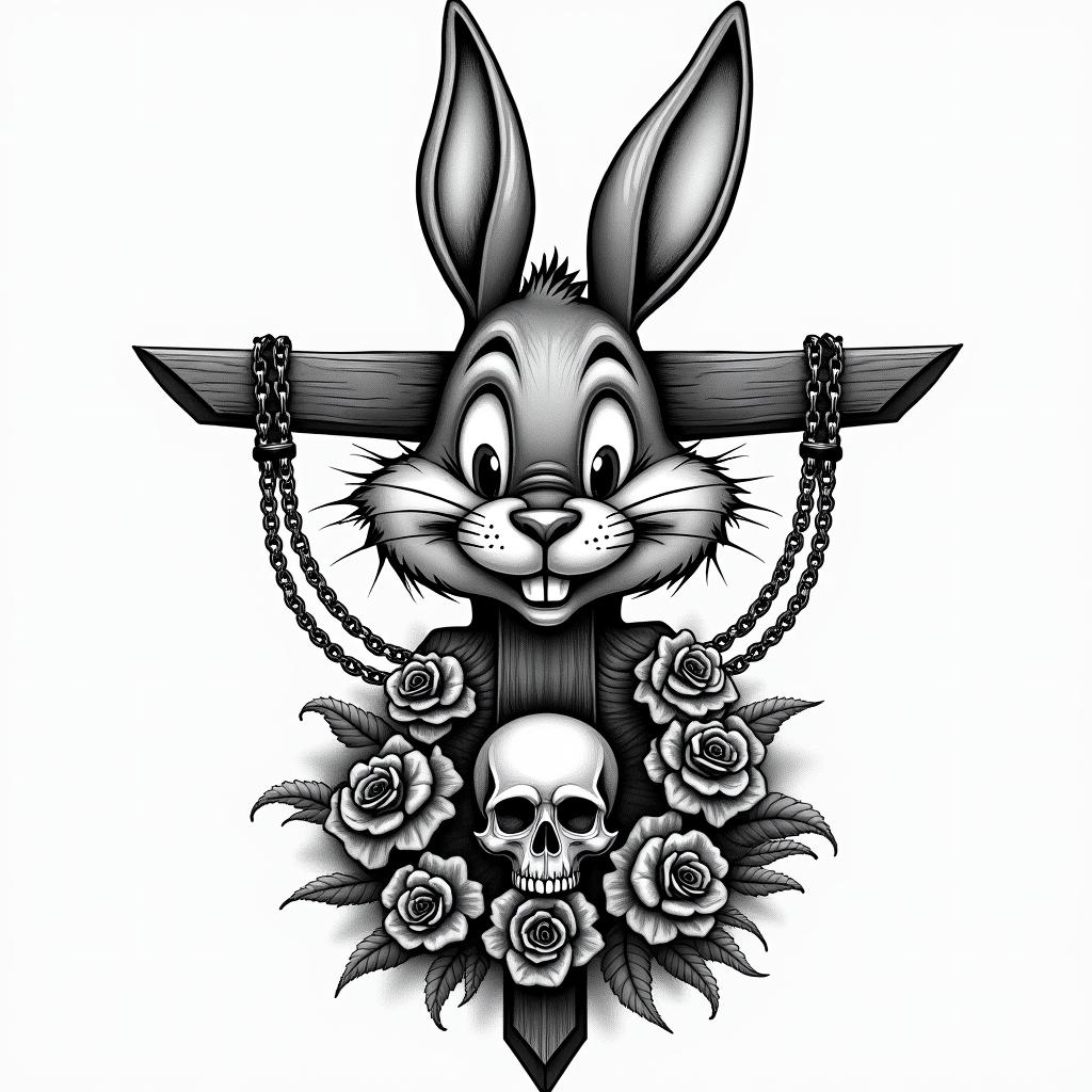 Bugs Bunnyin chicano style tattoo, featuring intricate black and grey shading, bold elements of traditional chicano culture symbols, add a big cross with skull, chains and roses - Variation 4