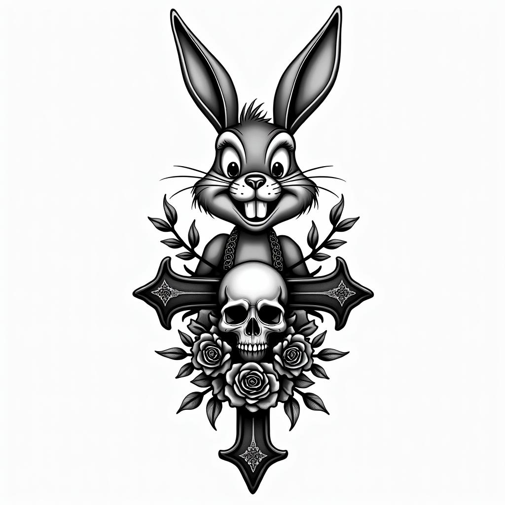 Bugs Bunnyin chicano style tattoo, featuring intricate black and grey shading, bold elements of traditional chicano culture symbols, add a big cross with skull, chains and roses