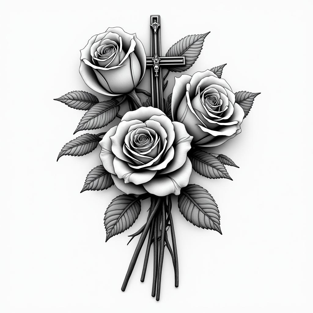 Roses with rosary for a manhigly detailed tattoo