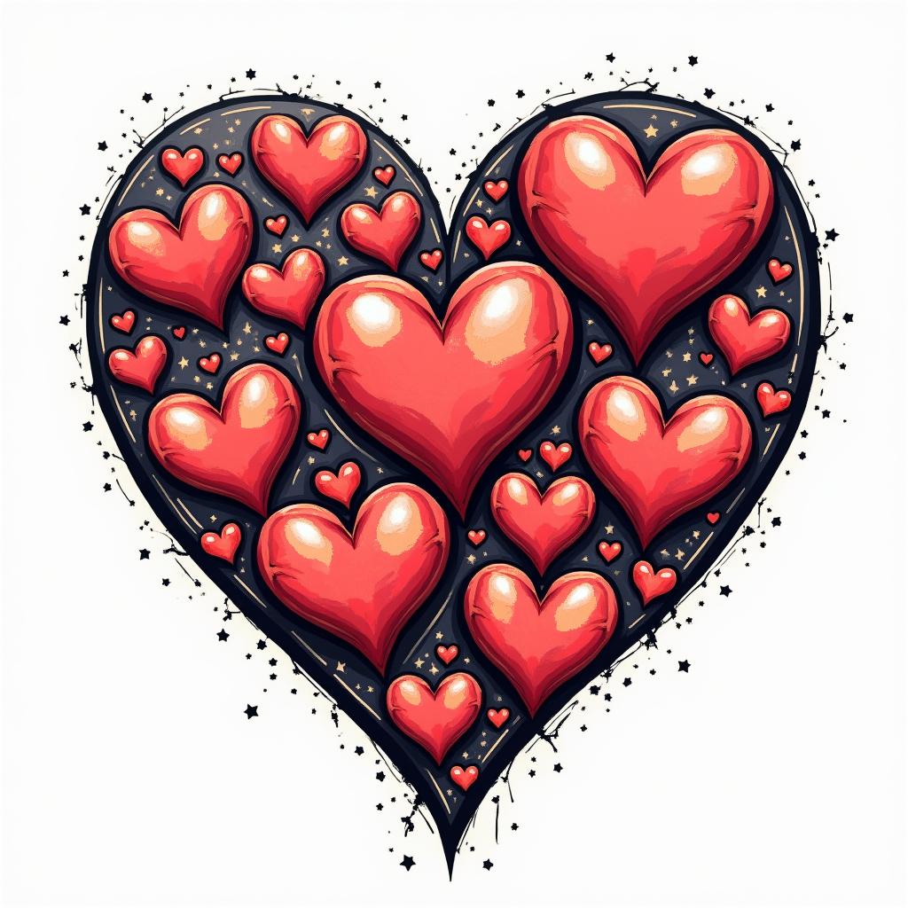 7 kid heartsin pop art style tattoo, featuring bold and vibrant colors, exaggerated outlines, iconic imagery, inspired by comic books and speech bubbles, comic book characters, retro pop culture - Variation 2