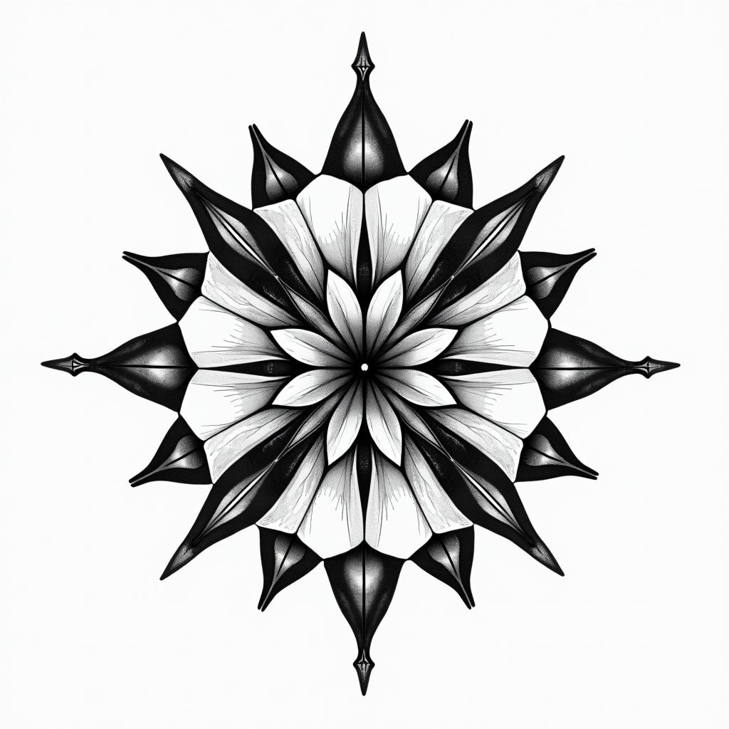 Pisces, flower, in geometric style tattoo, blending hexagons, mandala-inspired patterns, symmetrical and fractal design, clean lines, sharp angles - Variation 4