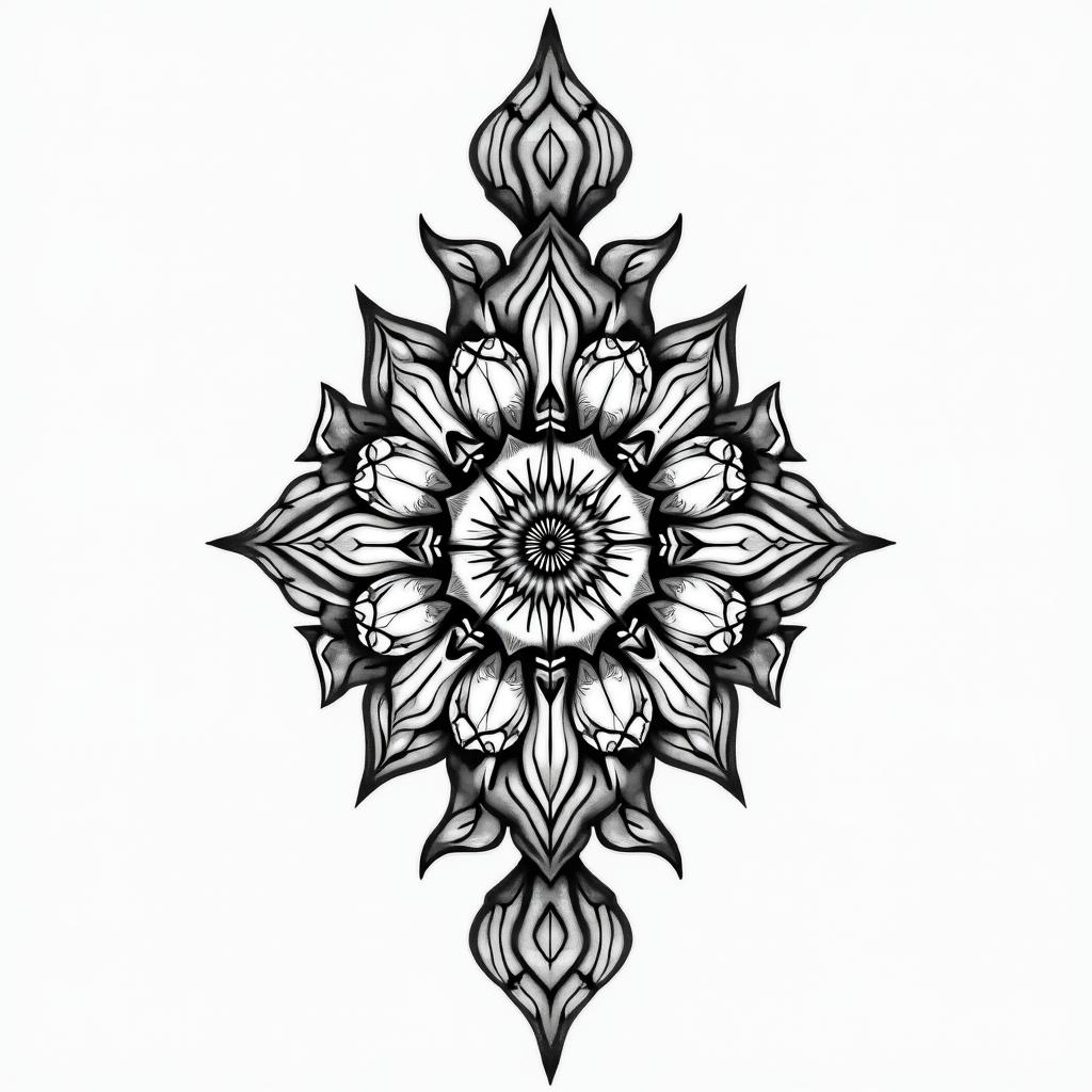 Pisces, flower, in geometric style tattoo, blending hexagons, mandala-inspired patterns, symmetrical and fractal design, clean lines, sharp angles - Variation 3