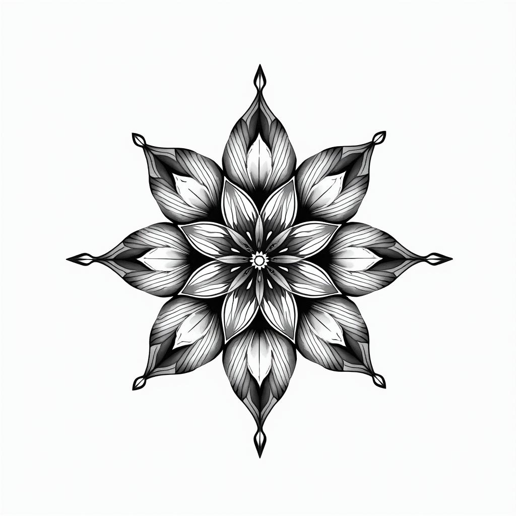 Pisces, flower, in geometric style tattoo, blending hexagons, mandala-inspired patterns, symmetrical and fractal design, clean lines, sharp angles - Variation 2