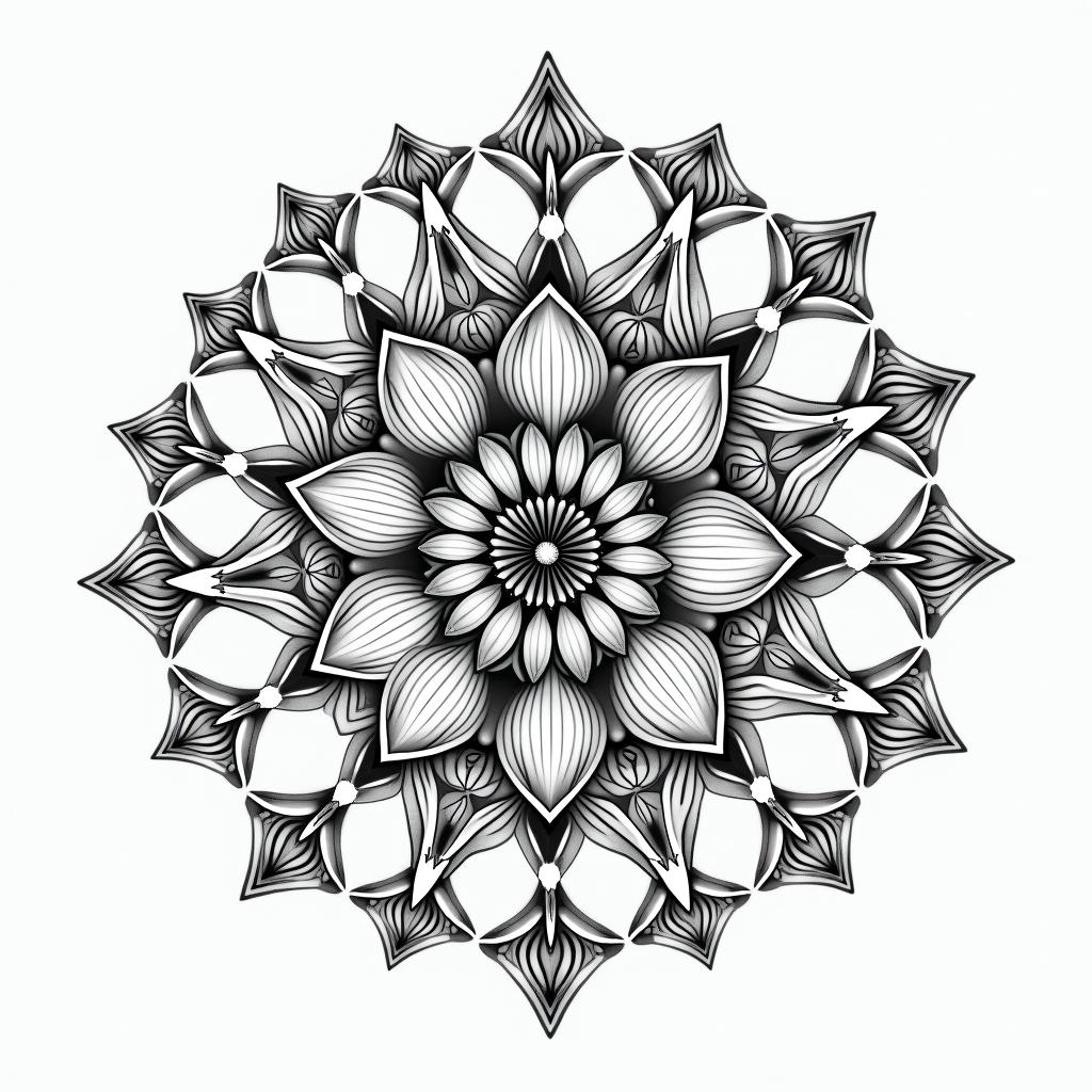 Pisces, flower, in geometric style tattoo, blending hexagons, mandala-inspired patterns, symmetrical and fractal design, clean lines, sharp angles