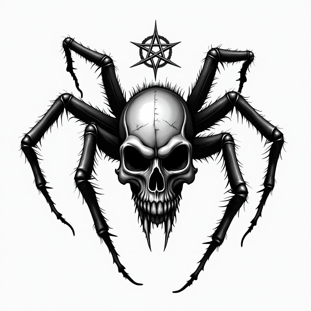 Black widow spider with background designcreepy horror tattoo style, featuring an eerie and unsettling skull of a demonic creature, distorted face with sharp fangs, add pentagram symbol - Variation 4