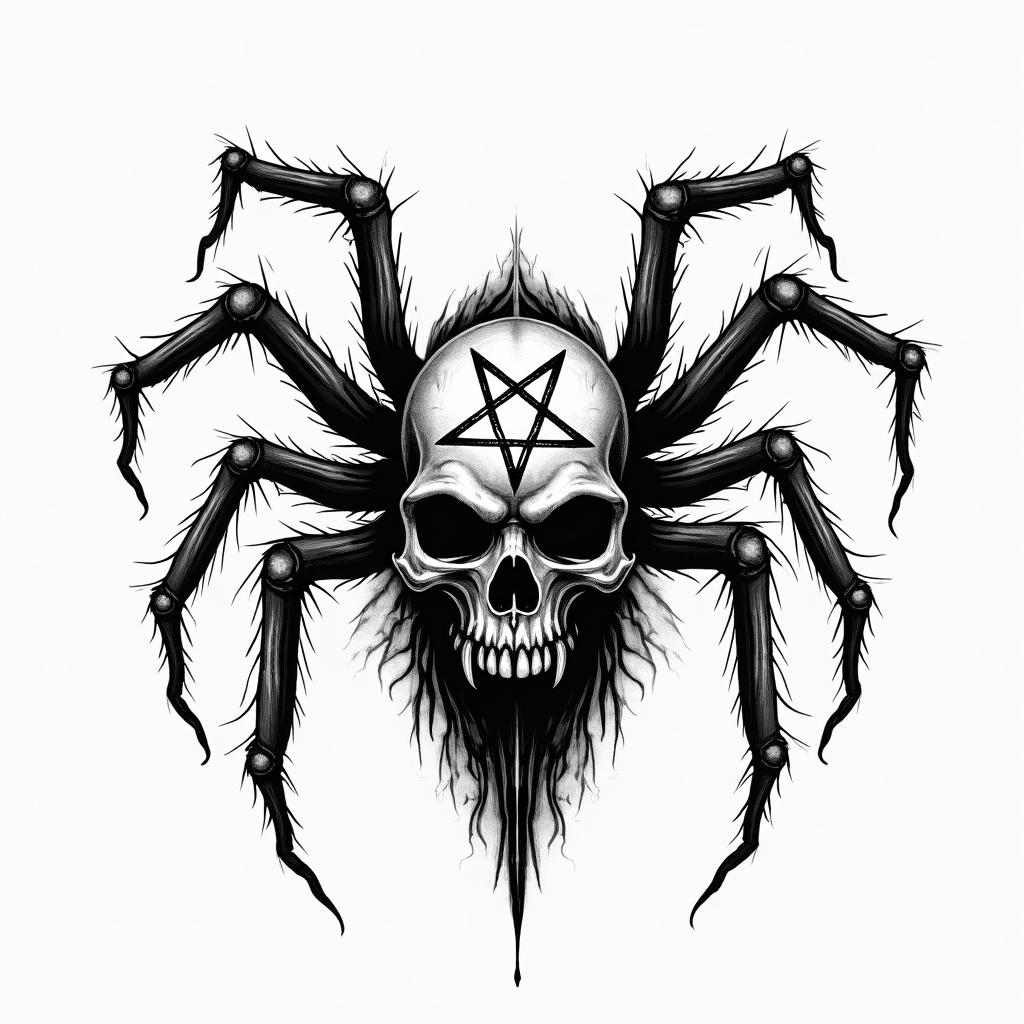 Black widow spider with background designcreepy horror tattoo style, featuring an eerie and unsettling skull of a demonic creature, distorted face with sharp fangs, add pentagram symbol