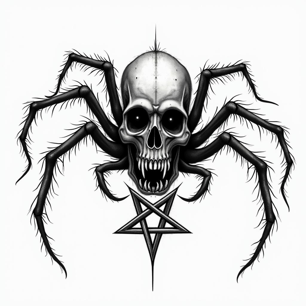 Black widow spider with background designcreepy horror tattoo style, featuring an eerie and unsettling skull of a demonic creature, distorted face with sharp fangs, add pentagram symbol - Variation 2