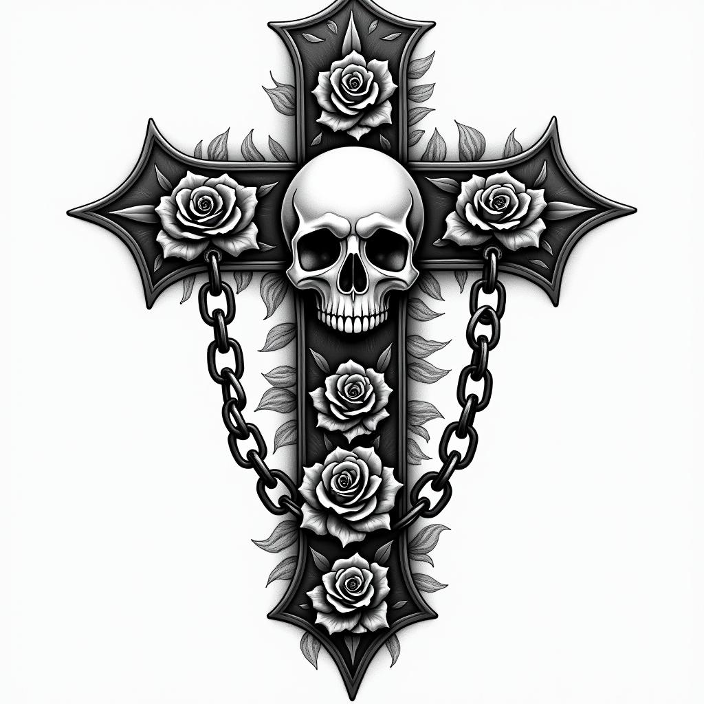 Leonardoin chicano style tattoo, featuring intricate black and grey shading, bold elements of traditional chicano culture symbols, add a big cross with skull, chains and roses - Variation 4