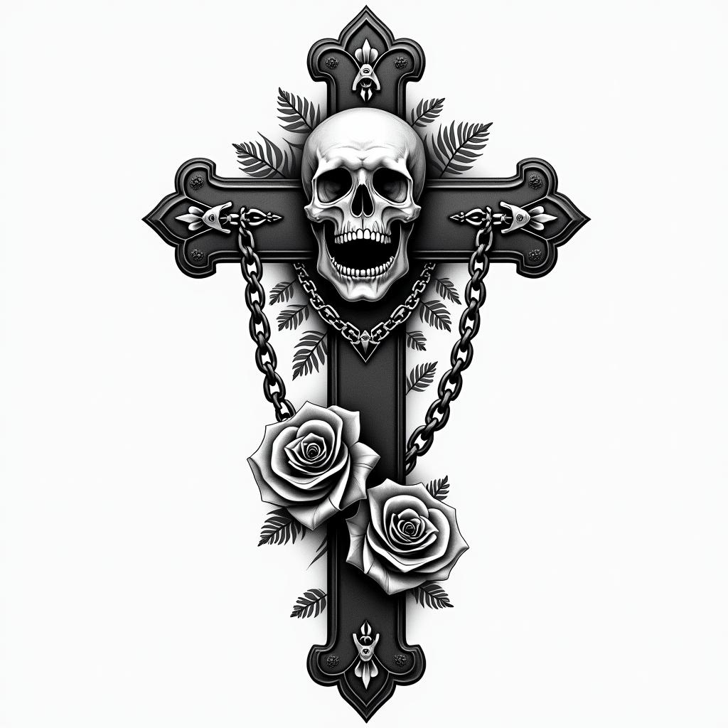Leonardoin chicano style tattoo, featuring intricate black and grey shading, bold elements of traditional chicano culture symbols, add a big cross with skull, chains and roses - Variation 3