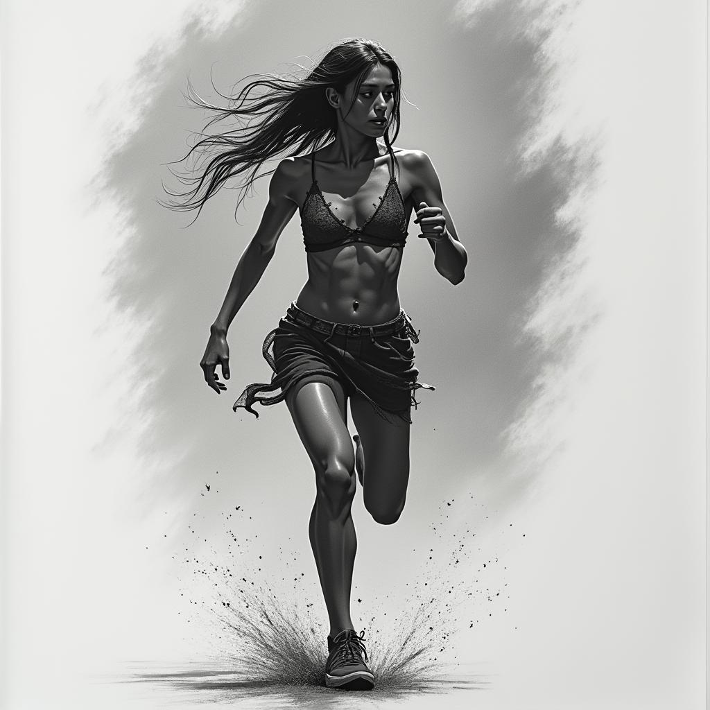 Anorexic running at night under street lighthigly detailed tattoo - Variation 4
