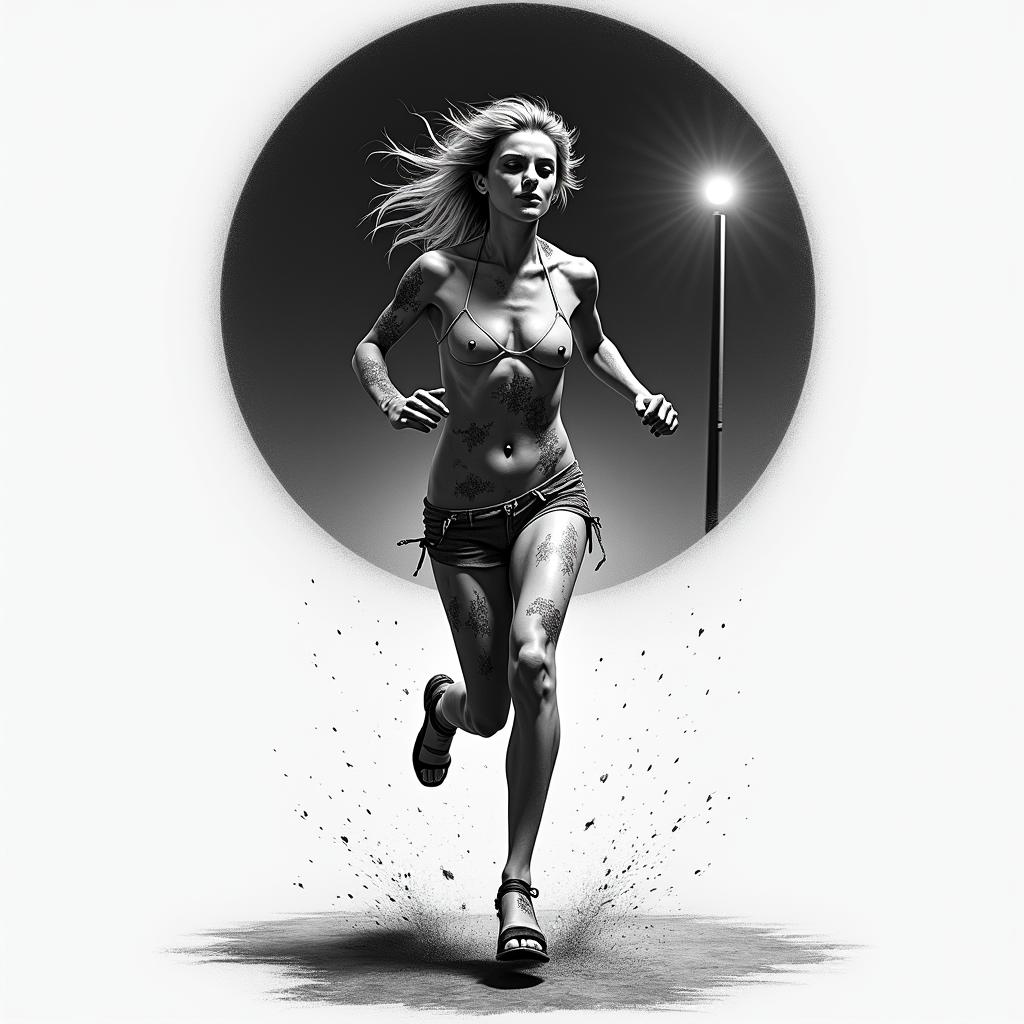 Anorexic running at night under street lighthigly detailed tattoo - Variation 2