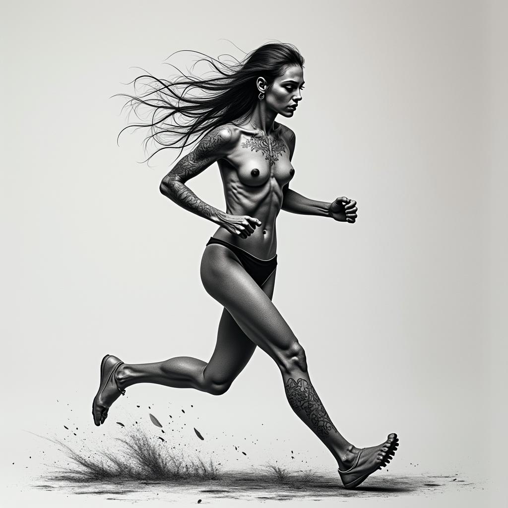 Anorexic running at night under street lighthigly detailed tattoo