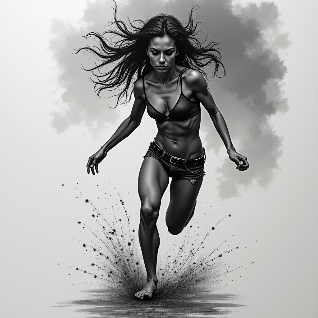 Anorexic running at night under street lighthigly detailed tattoo - Variation 3