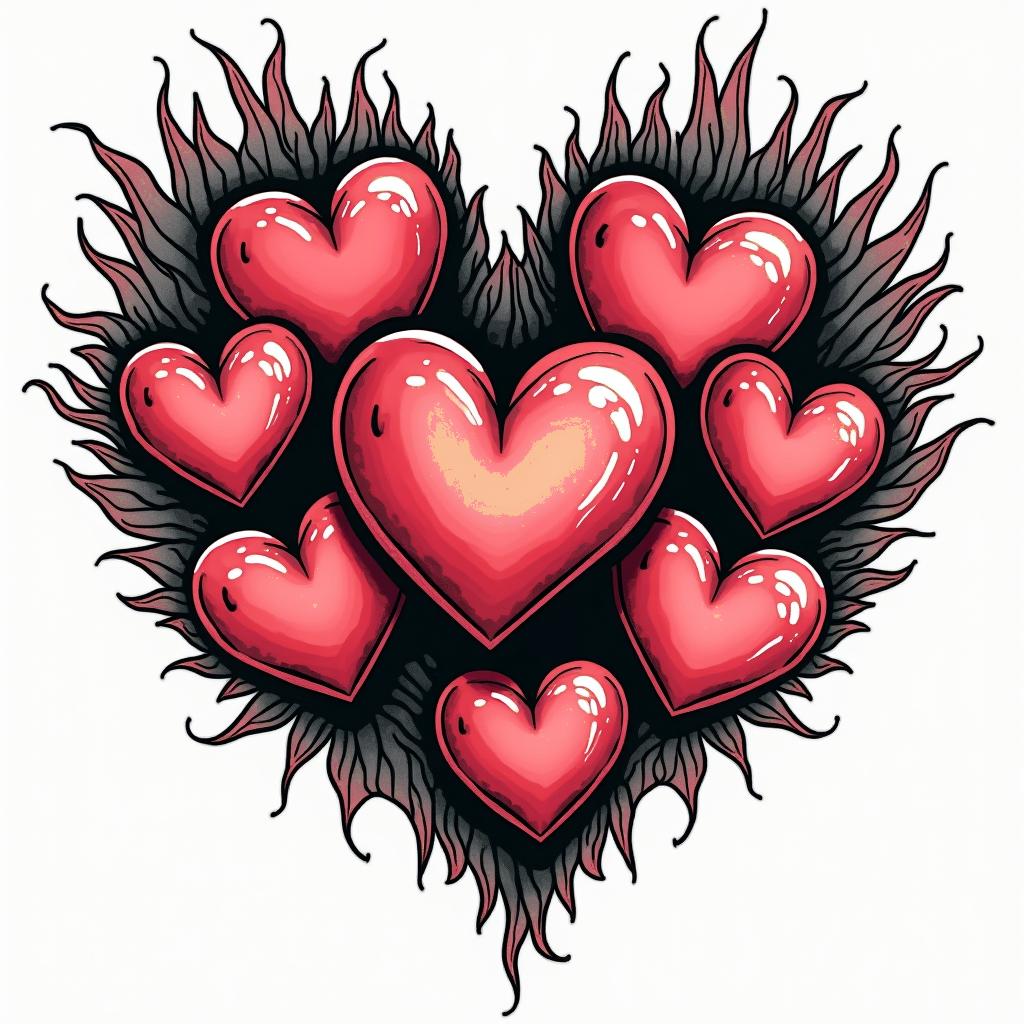 7 heartsin pop art style tattoo, featuring bold and vibrant colors, exaggerated outlines, iconic imagery, inspired by comic books and speech bubbles, comic book characters, retro pop culture - Variation 4