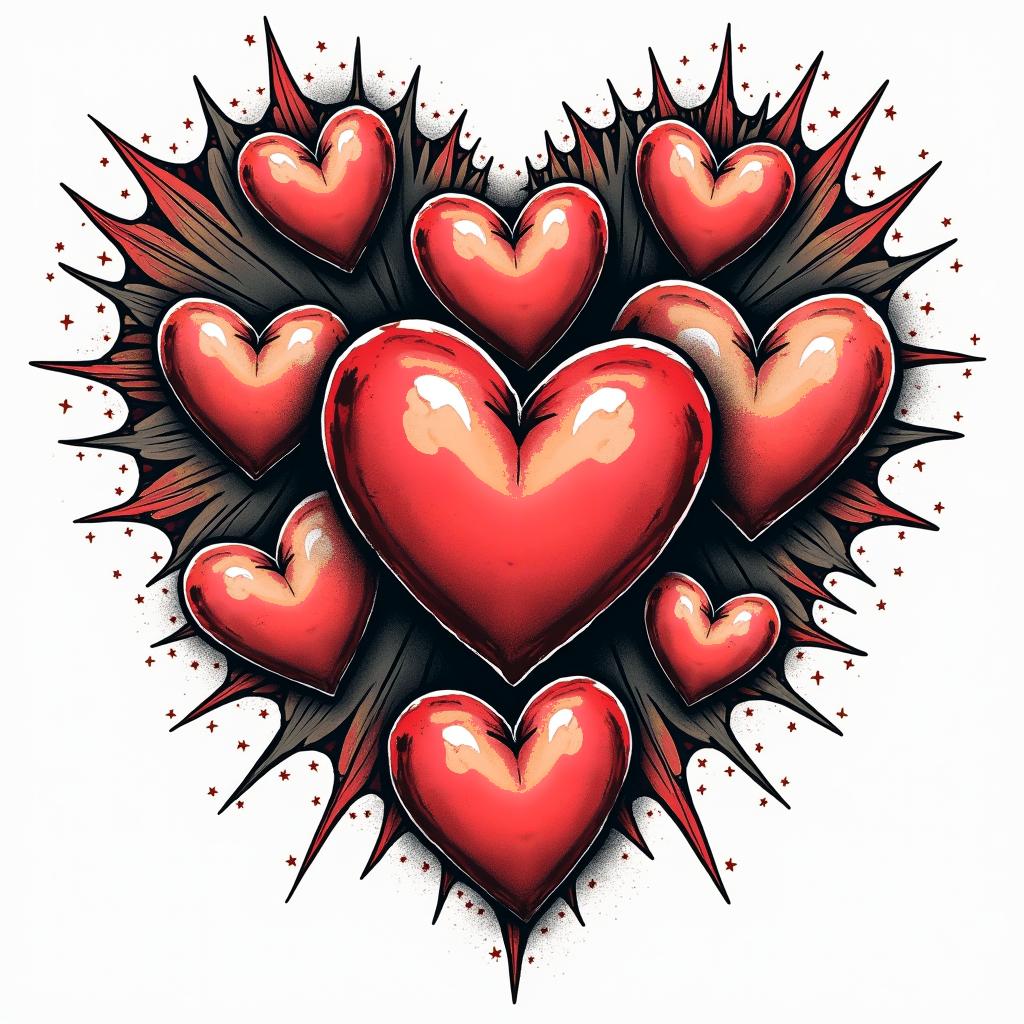 7 heartsin pop art style tattoo, featuring bold and vibrant colors, exaggerated outlines, iconic imagery, inspired by comic books and speech bubbles, comic book characters, retro pop culture - Variation 3