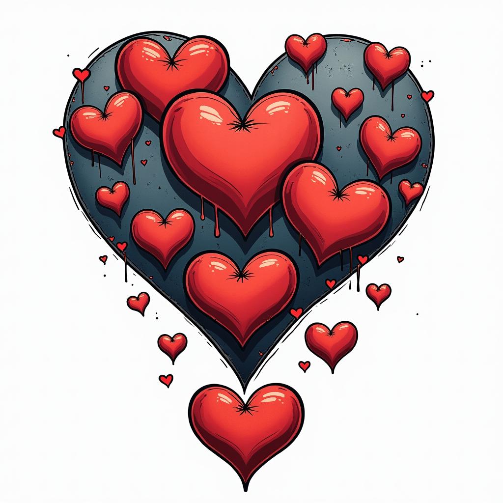 7 heartsin pop art style tattoo, featuring bold and vibrant colors, exaggerated outlines, iconic imagery, inspired by comic books and speech bubbles, comic book characters, retro pop culture - Variation 2