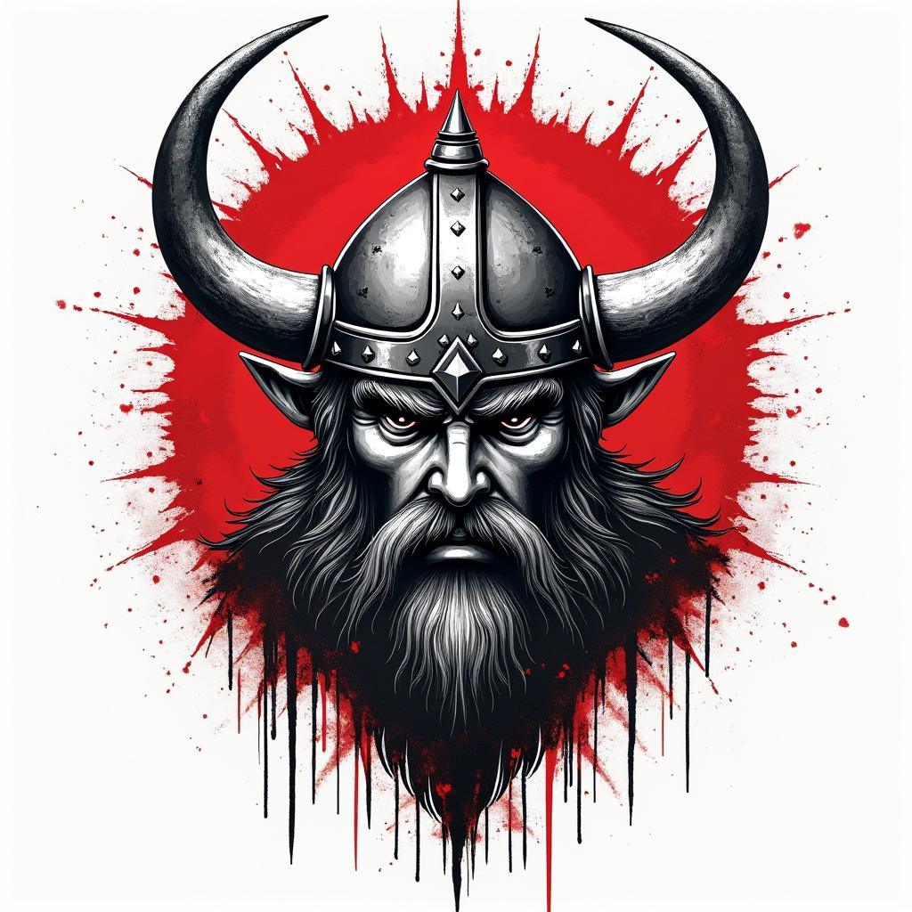 Vikings, hexagons, red and blackin graffiti style tattoo, featuring bold and dynamic street art elements, spray-paint texture with exaggerated lines and expressive, chaotic brushstrokes, intricate lettering incorporated with graffiti tags, symbols like hearts, stars, and wings