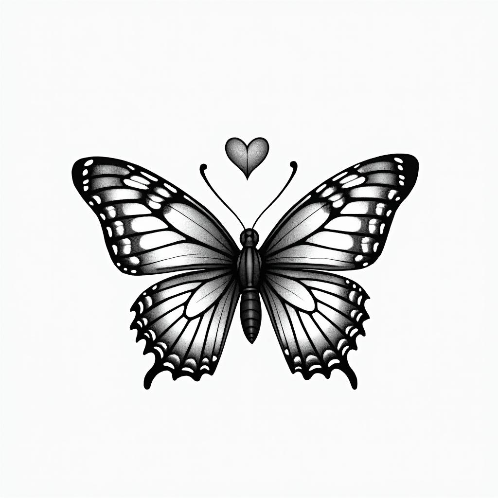 Butterfly with intricate wing patternsin Modest style tattoo, featuring soft, delicate line work with simple and meaningful symbols, gentle waves, a heart, evoking a sense of serenity and grace, - Variation 4