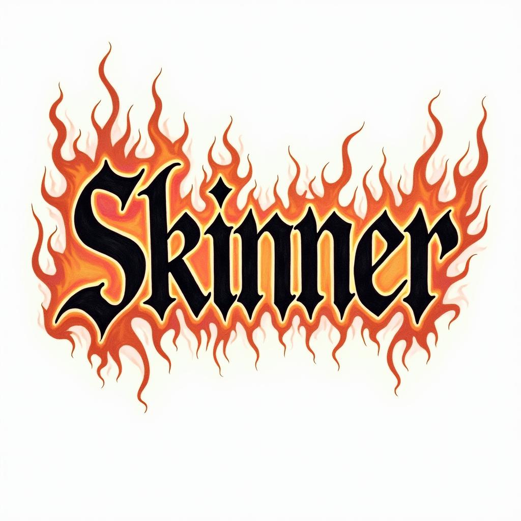 Draw the name skinnerback in gothic textin flame tattoo style showcasing fiery elements with dynamic flame patterns, glowing effect of flames, natural colors