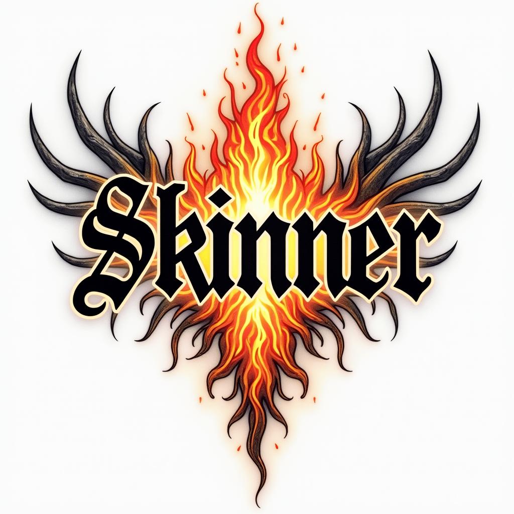 Draw the name skinnerback in gothic textin flame tattoo style showcasing fiery elements with dynamic flame patterns, glowing effect of flames, natural colors - Variation 2