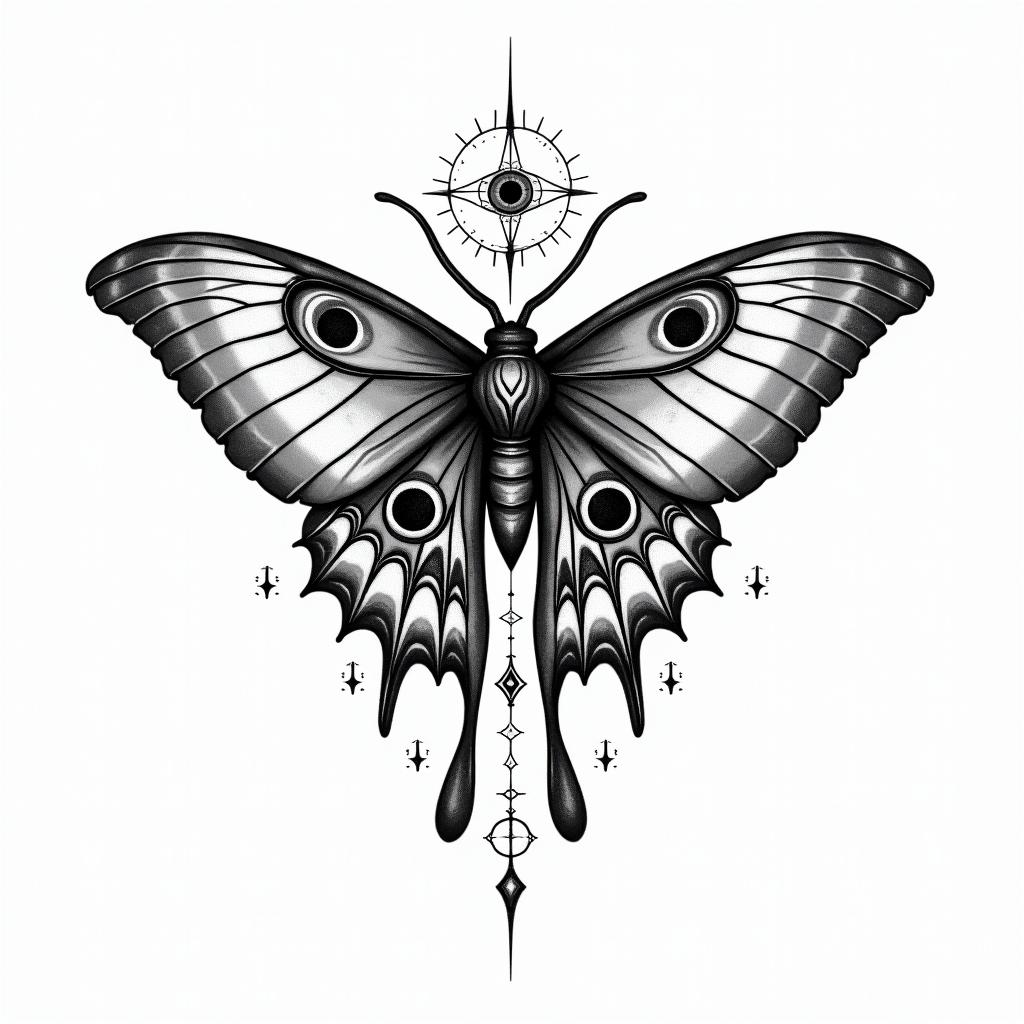 Luna moth with infinity symbol in the middlein prophecy tattoo style, featuring mystical symbols, celestial imagery like stars, moons, suns, geometric patterns, foretelling elements, an eye of wisdom - Variation 5