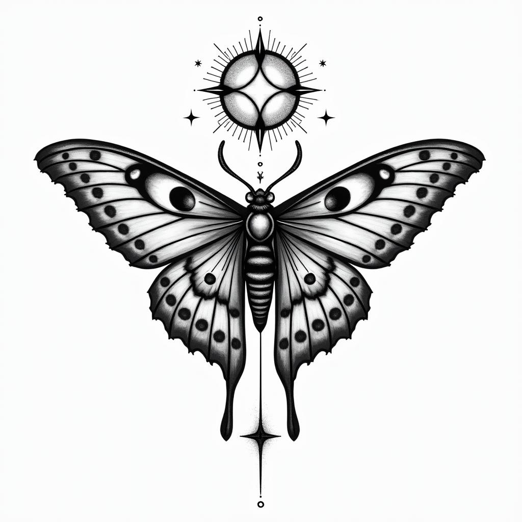Luna moth with infinity symbol in the middlein prophecy tattoo style, featuring mystical symbols, celestial imagery like stars, moons, suns, geometric patterns, foretelling elements, an eye of wisdom - Variation 6