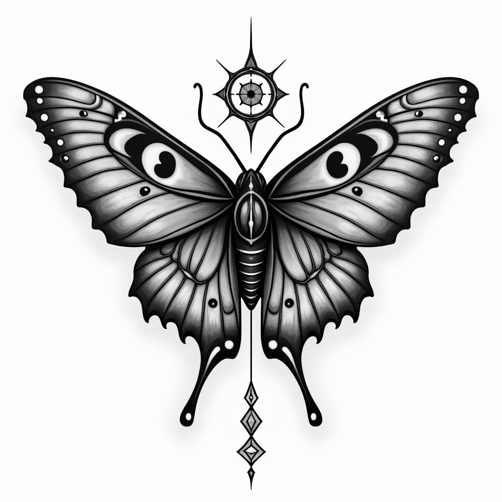 Luna moth with infinity symbol in the middlein prophecy tattoo style, featuring mystical symbols, celestial imagery like stars, moons, suns, geometric patterns, foretelling elements, an eye of wisdom - Variation 7