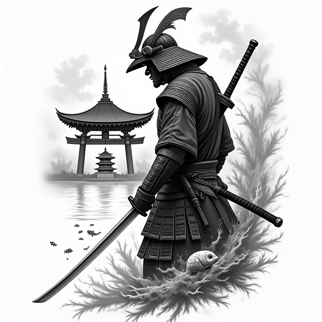 I want a samurai with a sword pointing to the ground, behind I want the pagoda tower of Japan with a torii and a Koi fish.higly detailed tattoo