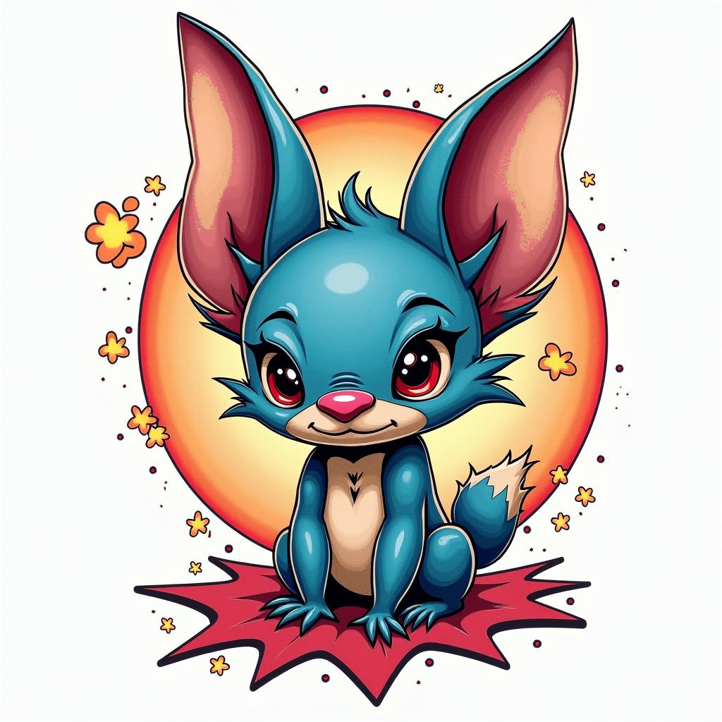 Stitchin pop art style tattoo, featuring bold and vibrant colors, exaggerated outlines, iconic imagery, inspired by comic books and speech bubbles, comic book characters, retro pop culture