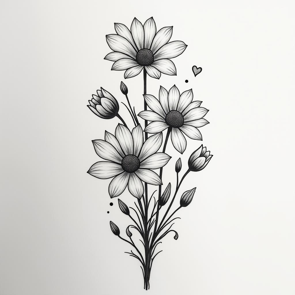 Upper arm half sleeve tattoo of daisies, water lilies, and lily of the valleyin Modest style tattoo, featuring soft, delicate line work with simple and meaningful symbols, gentle waves, a heart, evoking a sense of serenity and grace, - Variation 4