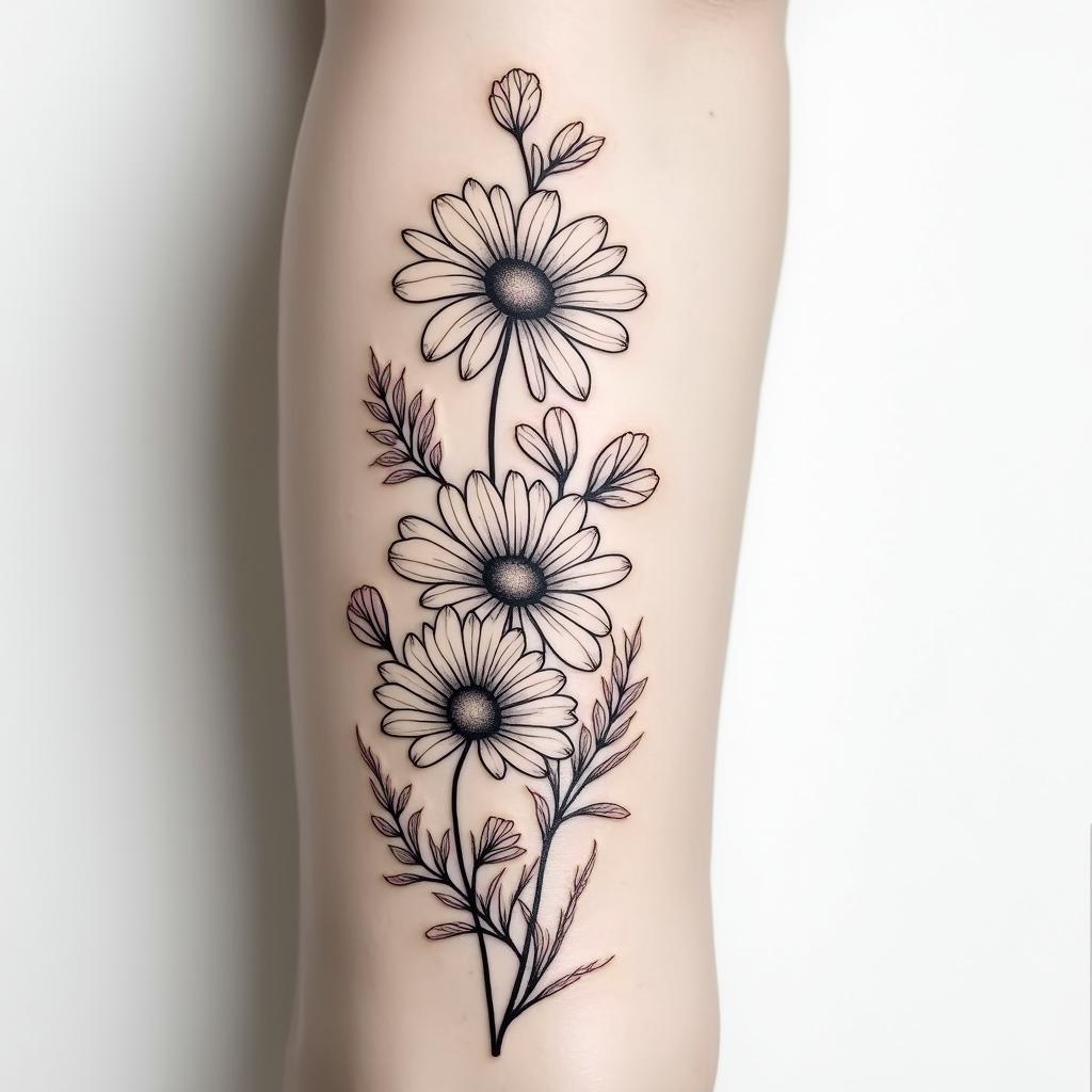 Upper arm half sleeve tattoo of daisies, water lilies, and lily of the valleyin Modest style tattoo, featuring soft, delicate line work with simple and meaningful symbols, gentle waves, a heart, evoking a sense of serenity and grace, - Variation 2