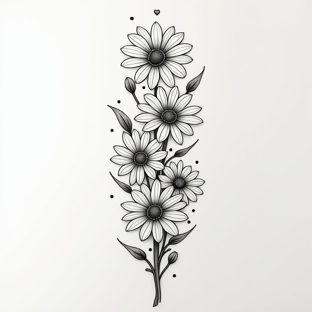 Upper arm half sleeve tattoo of daisies, water lilies, and lily of the valleyin Modest style tattoo, featuring soft, delicate line work with simple and meaningful symbols, gentle waves, a heart, evoking a sense of serenity and grace, - Variation 3