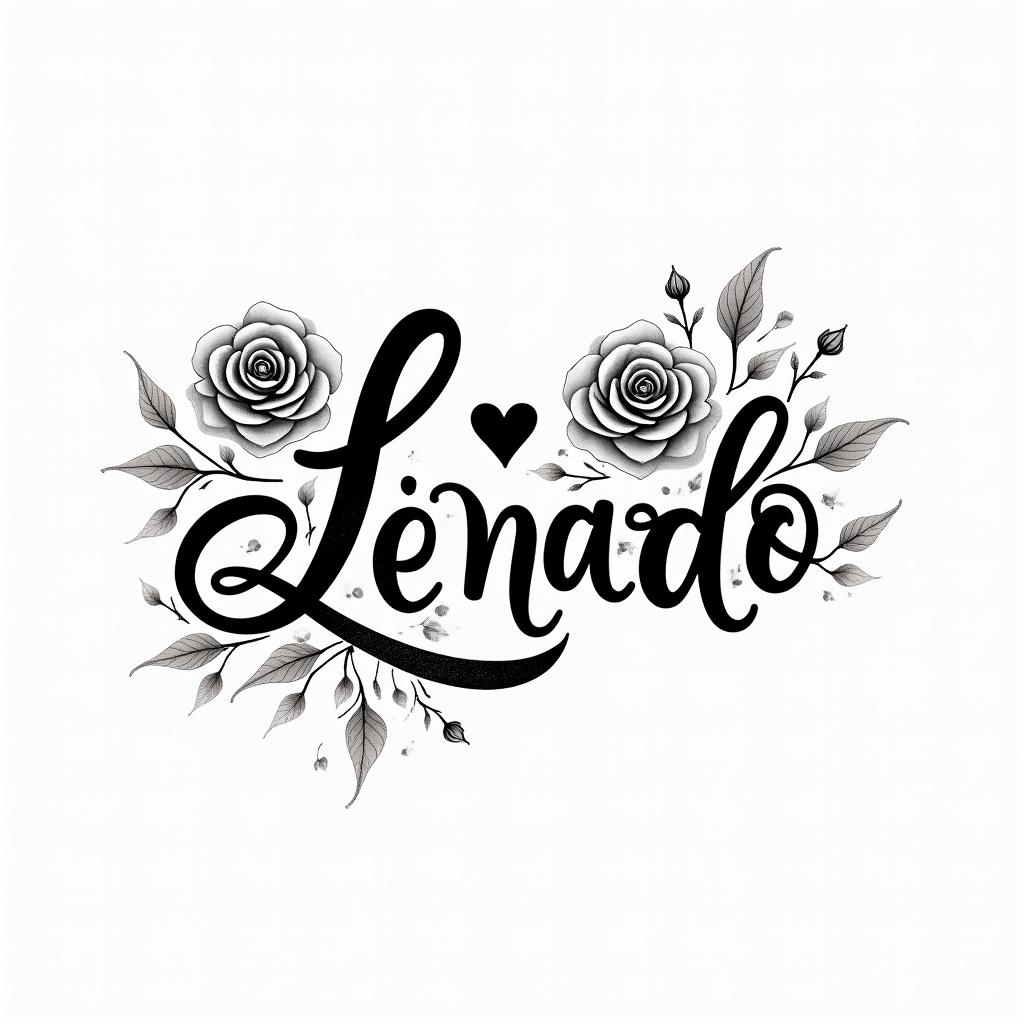 Leonardoin elegant cursive calligraphy style 2d tattoo, decorate with roses, featuring a smooth and flowing handwritten script with slightly thickened strokes for a luxurious and bold appearance, heart symbol between names, sleek and glossy black text with shadowing, minimalist matte white background, clean and sharp edges, illuminated with soft lighting, romantic, 8k, high-quality textures with refined typography - Variation 3