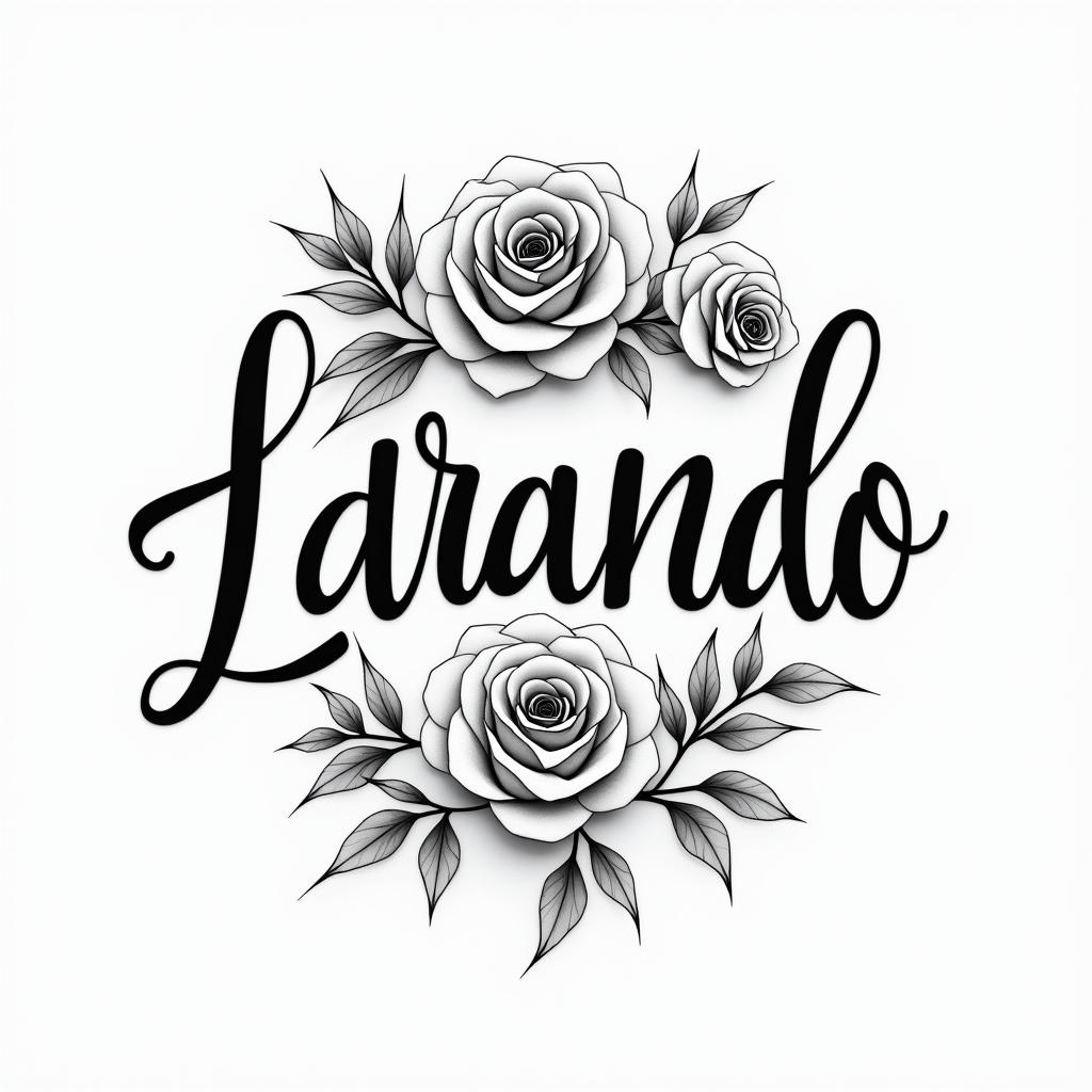 Leonardoin elegant cursive calligraphy style 2d tattoo, decorate with roses, featuring a smooth and flowing handwritten script with slightly thickened strokes for a luxurious and bold appearance, heart symbol between names, sleek and glossy black text with shadowing, minimalist matte white background, clean and sharp edges, illuminated with soft lighting, romantic, 8k, high-quality textures with refined typography - Variation 2