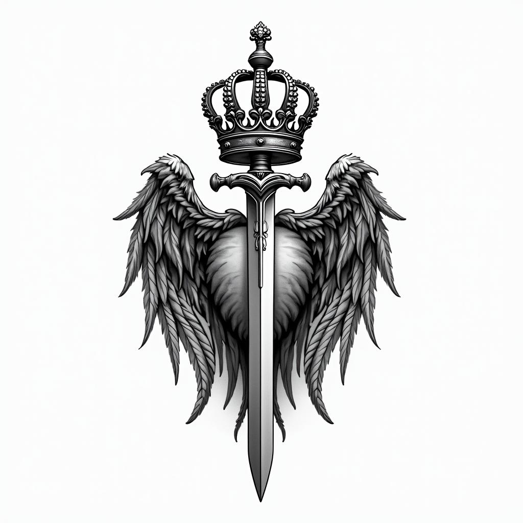 Family crest with crown and  swordhigly detailed tattoo - Variation 3