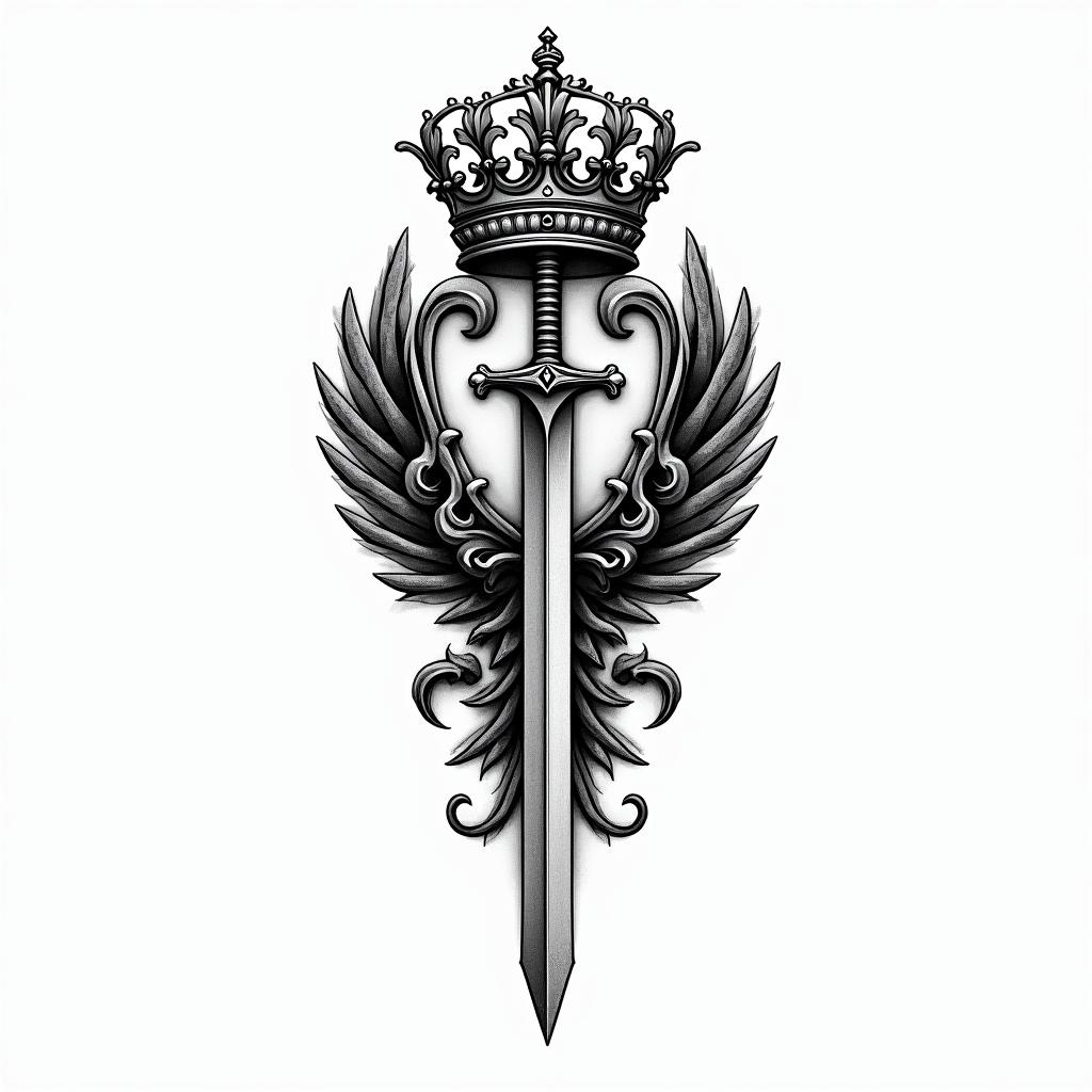 Family crest with crown and  swordhigly detailed tattoo - Variation 4