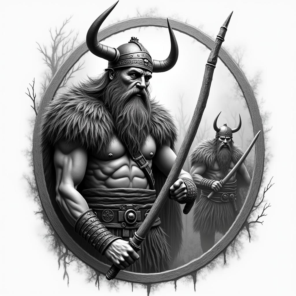 Viking warrior with wooden background with other Vikings fightinghigly detailed tattoo