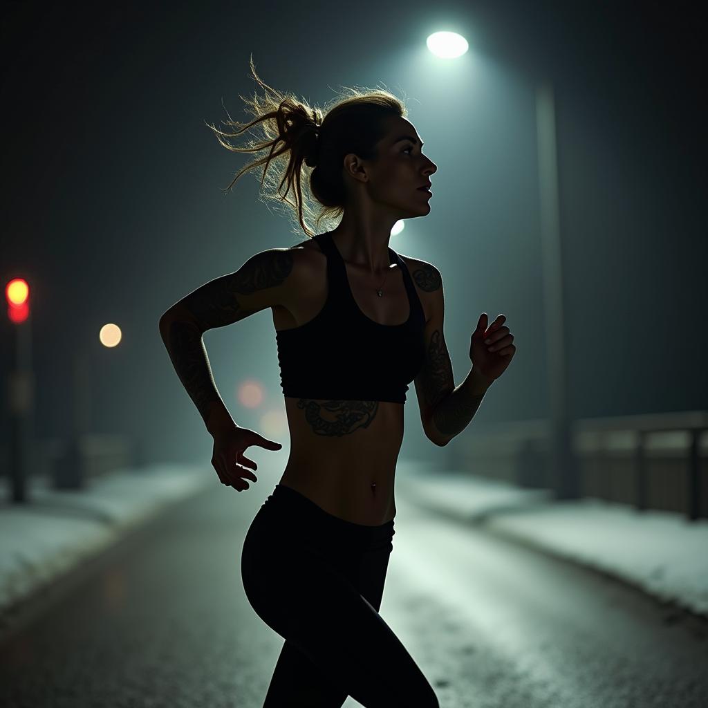 Side view of a slender woman running under a street light, reflecting the cold night air, no tattoos, emphasizing her determination.undefined